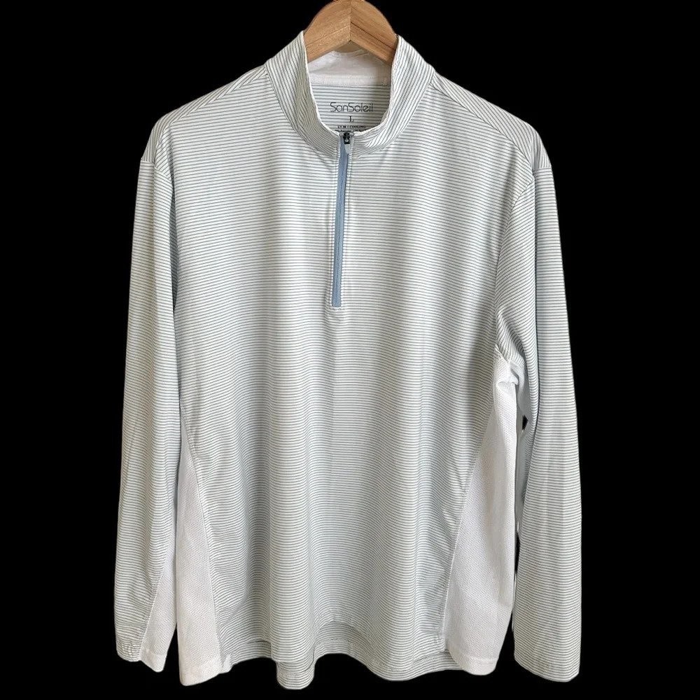 Sansoleil Large Blue Stripe quarter zip Pullover Shirt UPF 50 Sun Protection